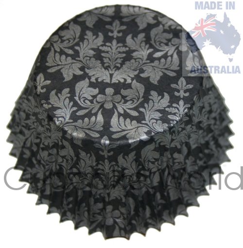 BLACK SILVER FLORAL DAMASK PAPER MUFFIN CUPCAKE CASES 50PCS - Click Image to Close